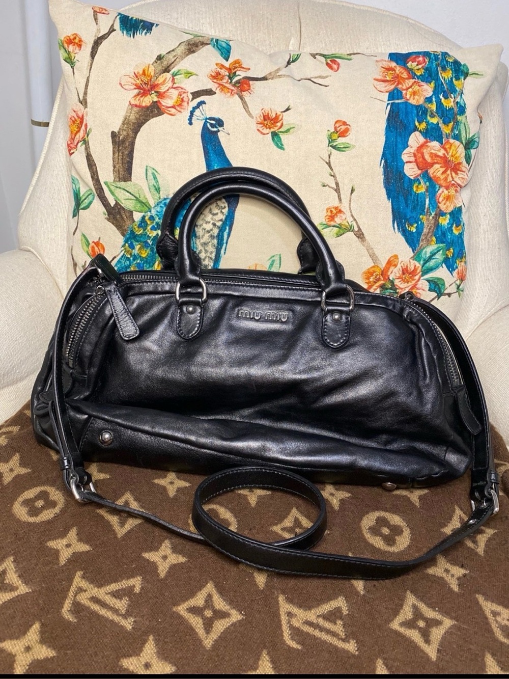 Miu Miu Triple Zip Black Croc Embossed Patent Leather Satchel
